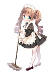 Rule 34 | 1girl, apron, black dress, blush, brown hair, chitosezaka suzu, commentary request, dress, frilled apron, frills, full body, green eyes, holding, holding mop, juliet sleeves, leaning forward, long sleeves, looking at viewer, maid, maid headdress, mop, open mouth, original, pleated dress, puffy sleeves, red footwear, ringlets, shoes, simple background, solo, standing, thighhighs, twintails, waist apron, white apron, white background, white thighhighs
