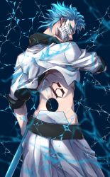 Rule 34 | 1boy, bleach, blue background, blue eyes, blue hair, clenched teeth, from behind, grimmjow jaegerjaquez, hole on body, jacket, looking at viewer, looking back, male focus, sheath, sleeves rolled up, solo, soraao0322, teeth, white jacket