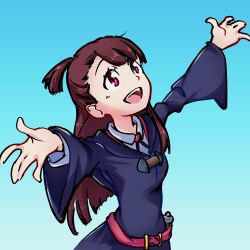 Rule 34 | 1girl, :d, \o/, absurdres, arms up, asymmetrical bangs, brown hair, daemonzdz, highres, kagari atsuko, little witch academia, long hair, looking up, open mouth, outstretched arms, red eyes, school uniform, simple background, smile, solo, teeth, upper teeth only, wand, witch