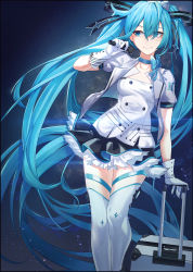 Rule 34 | 1girl, absurdly long hair, absurdres, bad id, bad pixiv id, black skirt, blue background, blue eyes, blue hair, breasts, choker, collarbone, floating hair, gloves, grey jacket, grin, hatsune miku, highres, holding, holding microphone, huge filesize, jacket, long hair, looking to the side, microphone, miniskirt, open clothes, open jacket, orn, pleated skirt, shirt, short sleeves, skirt, small breasts, smile, solo, standing, thighhighs, very long hair, vocaloid, white gloves, white shirt, white thighhighs, zettai ryouiki
