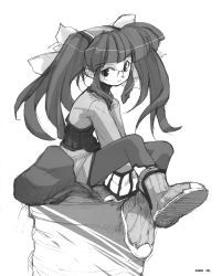 Rule 34 | 1girl, boots, dewprism, glasses, greyscale, highres, knee boots, long sleeves, mint (dewprism), monochrome, pantyhose, solo