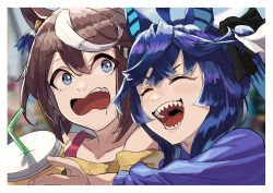Rule 34 | 2girls, absurdres, ahoge, animal ears, bare shoulders, blue eyes, blue hair, blue shirt, blurry, blurry background, brown hair, closed mouth, collarbone, crossed bangs, cup, disposable cup, drinking straw, highres, holding, holding cup, horse ears, looking at another, makasero, multicolored hair, multiple girls, off-shoulder shirt, off shoulder, open mouth, raised eyebrows, sharp teeth, shirt, smile, streaked hair, surprised, tank top, teeth, tokai teio (umamusume), twin turbo (umamusume), umamusume, upper body, v-shaped eyebrows, wavy mouth, yellow shirt