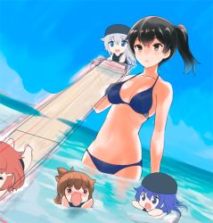 Rule 34 | 10s, 5girls, akatsuki (kancolle), alternate costume, bikini, black hair, blue bikini, blue eyes, blue hair, brown hair, chibi, commentary request, day, flat cap, flight deck, gale kawaii, hair ornament, hairclip, hat, hibiki (kancolle), ikazuchi (kancolle), inazuma (kancolle), kaga (kancolle), kantai collection, long hair, multiple girls, open mouth, partially submerged, side ponytail, swimsuit, water, wavy mouth, white hair, unfinished, aged down