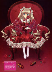 Rule 34 | 1girl, absurdres, blonde hair, blue eyes, carnelian, chair, dress, feet, flower, gothic lolita, hair ribbon, highres, lace, lolita fashion, long hair, mary janes, original, pantyhose, petals, red dress, red footwear, red theme, ribbon, rose, rose petals, scan, shoes, unworn shoes, solo, stuffed animal, stuffed toy, teddy bear, two side up, very long hair, white pantyhose