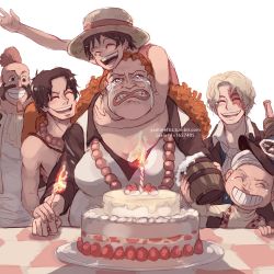 Rule 34 | 1girl, 5boys, bottle, cake, candle, cup, curly dadan, dessert, dogra, earrings, fire, food, freckles, fruit, goggles, hat, highres, jewelry, magra, monkey d. luffy, mug, multiple boys, necklace, neftis, one piece, portgas d. ace, sabo (one piece), scar, smile, stampede string, straw hat, strawberry, tablecloth, tears, turban