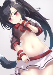 Rule 34 | 1girl, :&lt;, animal ears, azur lane, black hair, blush, clothes pull, commentary request, embarrassed, from below, head tilt, krono tokage, long hair, looking at viewer, looking down, midriff, navel, panties, pleated skirt, ponytail, red eyes, school uniform, serafuku, shigure (azur lane), simple background, skirt, solo, tail, underwear, undressing, white panties, wolf ears, wolf tail, wristband