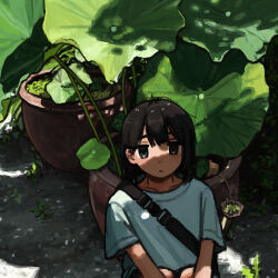Rule 34 | 1girl, :|, absurdres, bag, black eyes, black hair, blue shirt, closed mouth, dappled sunlight, day, dirt, dot nose, expressionless, hair between eyes, highres, jitome, knees to chest, looking at viewer, medium hair, original, outdoors, plant, potted plant, scenery, shade, shirt, short sleeves, shoulder bag, sidelocks, sitting, solo, straight-on, sunlight, t-shirt, uniunimikan, upper body