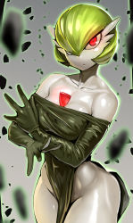 Rule 34 | 1girl, bare shoulders, blurry, blurry foreground, bob cut, breasts, closed mouth, collarbone, colored skin, cosplay, cowboy shot, creatures (company), cropped, dress, expressionless, floating, floating object, game freak, gardevoir, gen 3 pokemon, glowing, glowing eyes, green dress, green hair, green outline, grey background, groin, hair over one eye, hands up, highres, long sleeves, looking at viewer, medium breasts, nintendo, nisetanaka, no panties, off-shoulder dress, off shoulder, one-punch man, one eye covered, outline, pelvic curtain, pokemon, pokemon (creature), red eyes, rock, shiny clothes, shiny skin, short hair, solo, standing, tatsumaki, tatsumaki (cosplay), telekinesis, thighs, white skin, wide hips