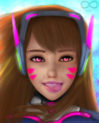 Rule 34 | 1girl, :p, alternate eye color, artist name, blue sky, bodysuit, brown hair, d.va (overwatch), eyelashes, eyeliner, facepaint, facial mark, headphones, high collar, lips, lipstick, long hair, looking at viewer, makeup, nose, outdoors, overwatch, overwatch 1, parted lips, pilot suit, pink eyes, pink lips, portrait, realistic, runicinfinitesisters, shoulder pads, signature, skin tight, sky, solo, swept bangs, teeth, tongue, tongue out, watermark, web address, whisker markings, wind