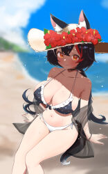 Rule 34 | 1girl, animal ear fluff, animal ears, armpit crease, beach, bikini, black hair, blue sky, blush, bracelet, breasts, choker, closed mouth, cloud, collarbone, dot nose, double-parted bangs, flipped hair, hair between eyes, hat, highres, hololive, jewelry, kani bonara, large breasts, long hair, looking at viewer, low-tied long hair, mismatched bikini, multicolored hair, navel, ocean, ookami mio, red hair, sand, shawl, side-tie bikini bottom, sky, smile, solo, spiked hair, stomach, straw hat, streaked hair, sweat, swimsuit, tail, thighs, virtual youtuber, wolf ears, wolf girl, wolf tail, yellow eyes