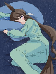 Rule 34 | 1girl, admire vega (umamusume), alternate costume, animal ears, bed sheet, blue pajamas, blush, bow, breasts, brown hair, closed mouth, commentary request, ear covers, feet out of frame, hair ornament, harukazetabiji, highres, horse ears, horse girl, horse tail, light frown, long hair, looking at viewer, lying, medium breasts, on bed, on side, pajamas, pillow, print bed sheet, purple eyes, single ear cover, sleepwear, solo, tail, umamusume, v-shaped eyebrows, white bow