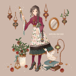 Rule 34 | 1girl, 2020, animal, apple, bird, black hair, blue eyes, blush, book, book stack, braid, branch, brown background, dress, duck, earrings, food, frilled sleeves, frills, fruit, full body, hair over shoulder, hanging lantern, happy new year, heart, heart necklace, high heels, holding, holding book, holding wand, jewelry, juliet sleeves, long hair, long sleeves, mirror, necklace, new year, original, pantyhose, puffy sleeves, smile, solo, sparkle, vase, very long hair, wand, yunoto (conceit)
