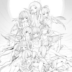 Rule 34 | 6+girls, absurdres, ahoge, angel, angel wings, barefoot, breasts, closed eyes, commentary request, expressionless, feathered wings, flat chest, glasses, greyscale, highres, kaede (shijie heping), lying, medium breasts, monochrome, multiple girls, naked towel, nude, on back, on side, original, own hands together, paid reward available, round eyewear, short hair, small breasts, smile, steepled fingers, towel, wings