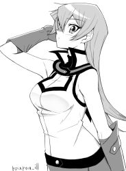 Rule 34 | 1girl, bare shoulders, blush, breasts, closed mouth, commentary request, duel academy uniform (yu-gi-oh! gx), gloves, greyscale, long hair, looking at viewer, medium breasts, monochrome, rourou ill, school uniform, simple background, skirt, sleeveless, solo, tenjouin asuka, white background, yu-gi-oh!, yu-gi-oh! gx