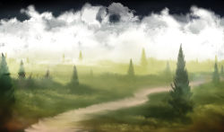 Rule 34 | akyuun, cloud, fog, grass, highres, landscape, no humans, original, pine tree, road, scenery, tree