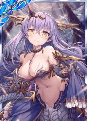 Rule 34 | 1girl, akkijin, armpits, bare shoulders, breasts, choker, collarbone, gloves, hair ornament, horns, lamia, large breasts, long hair, monster girl, official art, pointy ears, purple gloves, purple hair, shinkai no valkyrie, smile, snake tail, solo, stomach, tail, yellow eyes