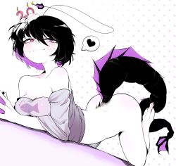 Rule 34 | 1girl, antennae, black hair, black tail, bottomless, candle, claws, colored inner hair, fins, full body, grey shirt, hair between eyes, heart, hemuling, highres, looking at viewer, lying, monster girl, multicolored hair, off shoulder, on stomach, original, pink eyes, purple hair, purple theme, shirt, short hair, simple background, smile, solo, speech bubble, spoken heart, tail, two-tone hair, webbed hands, white background