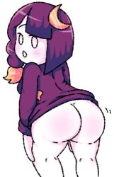 Rule 34 | 1girl, blush, colored skin, eyelashes, female focus, hair ornament, jacket, looking at viewer, looking back, lowres, moon (ornament), no pupils, open mouth, original, purple hair, purple jacket, solo, white eyes, white skin