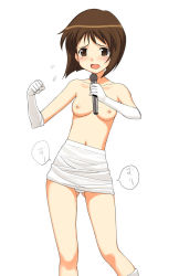 Rule 34 | 00s, 1girl, a1 (initial-g), blush, breasts, brown eyes, brown hair, cute &amp; girly (idolmaster), elbow gloves, gloves, gluteal fold, hagiwara yukiho, idolmaster, idolmaster (classic), idolmaster 1, microphone, miniskirt, nipples, panties, pantyshot, short hair, simple background, skirt, small areolae, small breasts, small nipples, snow strawberry, solo, topless, underwear, white background