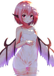 Rule 34 | 1girl, animal ears, blush, breasts, chemise, ebi 193, looking at viewer, md5 mismatch, mystia lorelei, pink hair, red eyes, revision, see-through, short hair, simple background, small breasts, solo, touhou, wading, water, wet, white background, wings
