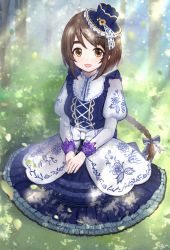 Rule 34 | 1girl, :d, blue dress, blue headwear, braid, brown hair, day, dress, forest, hair ornament, highres, idolmaster, idolmaster cinderella girls, long hair, long sleeves, looking at viewer, low-tied long hair, nature, open mouth, outdoors, puffy long sleeves, puffy sleeves, sitting, smile, sui sou p, sunlight, tilted headwear, two-tone dress, white dress, yanase miyuki