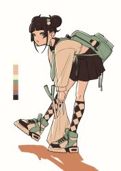 Rule 34 | 1girl, argyle clothes, argyle socks, backpack, bag, black hair, blue eyes, blunt bangs, color guide, crop top, double bun, earrings, gaako illust, hair bobbles, hair bun, hair ornament, highres, holding, holding bag, jewelry, leaning forward, limited palette, long sleeves, looking to the side, midriff, necktie, open mouth, original, plastic bag, pleated skirt, school uniform, shoes, skirt, sneakers, socks, solo, spring onion, standing, standing on one leg