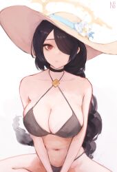 Rule 34 | alternate breast size, artist name, bikini, black choker, black hair, blue archive, blush, breasts, choker, cleavage, closed mouth, commentary request, criss-cross halter, flower, hair over one eye, halo, halterneck, hat, highres, hinata (blue archive), hinata (swimsuit) (blue archive), large breasts, long hair, looking at viewer, navel, numb3r 3, red eyes, simple background, sitting, sun hat, swimsuit, upper body, very long hair, white background