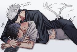 Rule 34 | 2boys, ^^^, animal ears, ass, black blindfold, black hair, black jacket, black pants, blindfold, blush, bulge, bulge to ass, cat boy, cat ears, cat tail, closed eyes, commentary request, crossed arms, eyelashes, frottage, full-face blush, fushiguro megumi, fushirun rung, gojou satoru, hand under clothes, hand under shirt, height difference, highres, humping, jacket, jujutsu kaisen, korean commentary, long sleeves, lying on person, male focus, multiple boys, open mouth, pants, shirt, short hair, short sleeves, spiked hair, tail, white hair, white shirt, yaoi