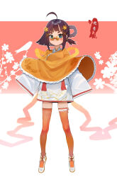 Rule 34 | 1girl, absurdres, ahoge, bird, black hair, blue eyes, branch, bright pupils, cape, china dress, chinese clothes, dress, flats, flower, frilled cape, full body, hair flower, hair ornament, highres, looking at viewer, one side up, orange background, orange cape, orange flower, orange thighhighs, original, round eyewear, short hair, sidelocks, sleeves past fingers, sleeves past wrists, solo, standing, tassel, thighhighs, two-tone background, white background, white dress, white footwear, white pupils, wide sleeves, x hair ornament, yuhezi, zettai ryouiki
