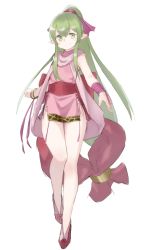 Rule 34 | 1girl, bare legs, bracelet, closed mouth, dress, fire emblem, fire emblem: mystery of the emblem, full body, green eyes, green hair, highres, jewelry, long hair, nintendo, pink dress, pointy ears, ponytail, ruis bacon, short dress, simple background, smile, solo, tiara, tiki (fire emblem), white background, wide hips