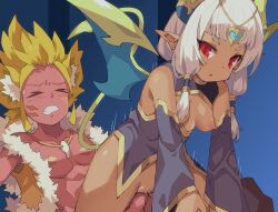 Rule 34 | 1boy, 1girl, blonde hair, blue background, blue wings, blunt bangs, blush, breasts, breasts out, censored, character request, clenched teeth, closed eyes, colored skin, commentary request, cowboy shot, dark-skinned female, dark skin, demon girl, demon tail, detached sleeves, girl on top, gold trim, grey sleeves, hair tubes, haitenai rpg, hetero, highres, jewelry, long hair, magatama, magatama necklace, mosaic censoring, necklace, nipples, open mouth, penis, pink skin, pointy ears, pussy, red eyes, reverse cowgirl position, sex, sex from behind, short bangs, small breasts, spiked hair, straddling, tail, teeth, toned, toned male, tsudero, vaginal, white hair, wings