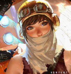 Rule 34 | 1girl, artist name, brown bandana, brown eyes, brown hair, brown headwear, commentary, covered mouth, english commentary, goggles, goggles on headwear, joule adams, k-9 (recore), looking at viewer, non-humanoid robot, nose, numyumy, portrait, realistic, recore, red tank top, robot, second-party source, solo focus, tank top