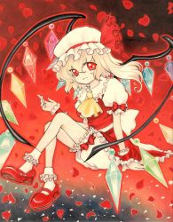 Rule 34 | 1girl, arm support, bad id, bad pixiv id, blonde hair, bloomers, bobby socks, crystal, embodiment of scarlet devil, female focus, flandre scarlet, full body, gradient background, hat, hat ribbon, highres, marker (medium), mary janes, millipen (medium), no nose, petals, red eyes, ribbon, rose petals, sayu (sayubanana-888), shoes, short hair, sitting, socks, solo, touhou, traditional media, underwear, wings, wrist cuffs