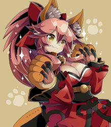 Rule 34 | 1girl, :3, animal ears, animal hands, bell, breasts, cleavage, collar, fang, fate/grand order, fate (series), fox ears, fox tail, hair ribbon, kei s01, large breasts, long hair, looking at viewer, neck bell, pink hair, ribbon, solo, tail, tamamo (fate), tamamo cat (fate), tamamo cat (first ascension) (fate), tamamo no mae (fate/extra), yellow eyes