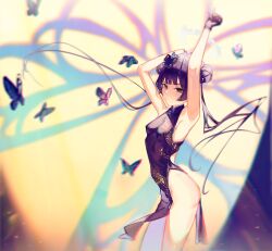 Rule 34 | 1girl, armpits, arms up, black dress, black gloves, black hair, blue archive, breasts, bug, butterfly, china dress, chinese clothes, closed mouth, double bun, dress, floating hair, from side, gloves, hair bun, highres, insect, kisaki (blue archive), long hair, reinene, sleeveless, sleeveless dress, small breasts, solo, standing, twintails, very long hair