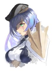 Rule 34 | 1girl, armor, beret, black hat, black jacket, blue hair, breasts, female focus, from side, fur-trimmed armor, fur trim, green eyes, hat, highres, jacket, large breasts, level9kaito, long hair, open mouth, scar, scar across eye, scar on face, shirt, shoulder armor, sidelocks, simple background, sirene (world flipper), sketch, solo, upper body, white background, white shirt, world flipper
