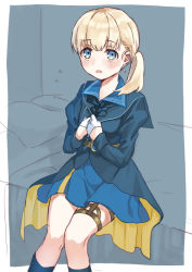 Rule 34 | 1girl, bed, blonde hair, blue sailor collar, blue socks, blush, cosplay, flying sweatdrops, gloves, gotland (kancolle), gotland (kancolle) (cosplay), half gloves, kantai collection, kneehighs, long sleeves, military, military uniform, mitsuyo (mituyo324), on bed, open mouth, pillow, ponytail, sailor collar, shin&#039;you (kancolle), sitting, socks, solo, uniform, white gloves