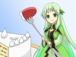 Rule 34 | 00s, breasts, cake, food, fork, fruit, green eyes, green hair, happy, long hair, martel yggdrasill, smile, strawberry, tales of (series), tales of symphonia