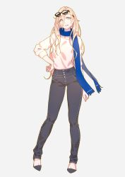 Rule 34 | 1girl, black footwear, blonde hair, blue eyes, blue scarf, contrapposto, eyewear on head, full body, grey background, hair between eyes, hand on own hip, high-waist pants, high heels, highres, kantai collection, long hair, mole, mole under eye, mole under mouth, pants, richelieu (kancolle), scarf, shirt, simple background, solo, sunglasses, white shirt, yuuji (and)