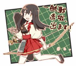 Rule 34 | 10s, 1girl, akagi (kancolle), any (lucky denver mint), bow (weapon), brown eyes, brown hair, gloves, japanese clothes, kantai collection, long hair, muneate, partially fingerless gloves, partly fingerless gloves, personification, pleated skirt, single glove, skirt, solo, thighhighs, weapon, white thighhighs, yugake, zettai ryouiki