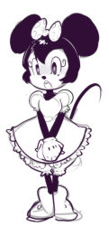 Rule 34 | 1girl, animal ears, black skin, bloomers, bow, colored skin, disney, gloves, hair bow, minnie mouse, mouse ears, mouse tail, puffy short sleeves, puffy sleeves, sho-n-d, short hair, short sleeves, sketch, solo, tail, underwear, white gloves