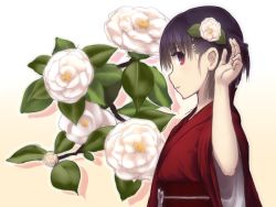 Rule 34 | 1girl, beige background, black hair, blush, floral background, flower, from side, gradient background, hair flower, hair ornament, hand up, hiraga matsuri, japanese clothes, kimono, light smile, looking at viewer, obi, original, parted lips, profile, purple eyes, purple hair, red kimono, sash, solo, upper body, white background, white flower