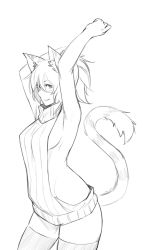 Rule 34 | 1girl, animal ears, arms up, breasts, cat ears, cat girl, cat tail, from side, greyscale, highres, less, looking at viewer, meme attire, monochrome, no bra, sideboob, smile, solo, stretched limb, tail, thighhighs, virgin killer sweater