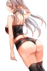 Rule 34 | 1girl, arm up, ass, azur lane, back, bare arms, bare shoulders, black choker, black shirt, black shorts, black thighhighs, breasts, brown eyes, camisole, choker, closed mouth, crop top, from behind, highres, large breasts, liaowen, looking back, micro shorts, midriff, multicolored hair, prinz eugen (azur lane), profile, shirt, shorts, silver hair, simple background, sleeveless, sleeveless shirt, solo, spaghetti strap, standing, streaked hair, thighhighs, thighs, white background