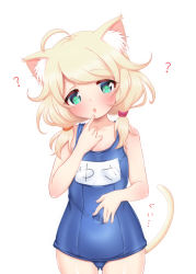 Rule 34 | 1girl, :o, ?, ahoge, animal ear fluff, animal ears, blonde hair, blue one-piece swimsuit, blush, cat ears, cat girl, cat tail, collarbone, covered navel, cowboy shot, curious, eyes visible through hair, finger to mouth, green eyes, hand on own stomach, hand up, highres, hosizora mikoto, idolmaster, idolmaster cinderella girls, kemonomimi mode, looking at viewer, low twintails, medium hair, name tag, old school swimsuit, one-piece swimsuit, school swimsuit, simple background, solo, sound effects, spread navel, swimsuit, tail, tail raised, thighs, twintails, white background, yusa kozue, ||/