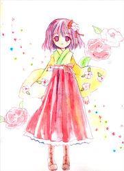 Rule 34 | 1girl, boots, cross-laced footwear, female focus, floral print, flower, hair flower, hair ornament, hieda no akyuu, japanese clothes, lace-up boots, long skirt, painting (medium), perfect memento in strict sense, plant, purple eyes, purple hair, short hair, skirt, smile, solo, standing, torii sumi, touhou, traditional media, watercolor (medium), white background