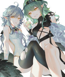 Rule 34 | 2girls, antenna hair, arknights, bare shoulders, black legwear, breasts, crocodilian tail, cup, drinking glass, gavial (arknights), green hair, grin, hair between eyes, hand up, highres, holding, holding cup, long hair, medium breasts, multiple girls, navel, off shoulder, official alternate costume, parted lips, pointy ears, reeh (yukuri130), silver hair, simple background, small breasts, smile, stomach, tail, thighhighs, thighs, tomimi (arknights), visor cap, white background, yellow eyes