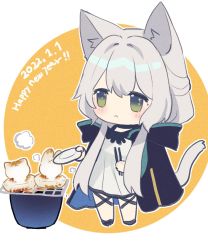 Rule 34 | 1girl, :&lt;, arknights, black footwear, black jacket, blush, chibi, chopsticks, closed mouth, commentary request, dated, dress, food, full body, green eyes, grey hair, grill, hair between eyes, happy new year, highres, holding, holding chopsticks, holding plate, hood, hood down, hooded jacket, jacket, long hair, mochi, new year, nicole (lion), open clothes, open jacket, plate, rosmontis (arknights), shoes, solo, standing, two-tone background, very long hair, white background, white dress, yellow background
