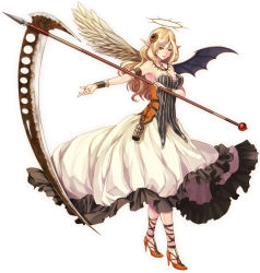 Rule 34 | 1girl, angel, angel and devil, angel wings, armband, blonde hair, cage, demon, demon wings, dress, fusion, green eyes, hair ornament, halo, high heels, natsume k, original, pointy ears, scythe, solo, wings, wrist cuffs