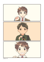 Rule 34 | 3koma, :d, absurdres, aged down, blush, brown eyes, brown hair, brown jacket, camera, carrying over shoulder, collared shirt, comic, disposable camera, dot nose, flashback, green eyes, green hair, green shirt, grin, highres, holding, holding camera, incoming gift, jacket, kojiro337, looking at viewer, necktie, open mouth, original, parted bangs, red necktie, school uniform, sepia, shirt, short hair, sidelocks, smile, straight-on, teeth, white shirt